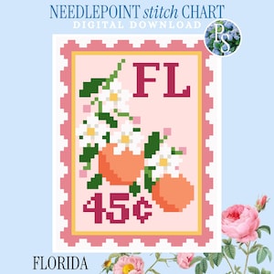 Può includere: Schema di punto croce digitale a tema Florida. Il design presenta un francobollo con le lettere "FL", arance e fiori. Il prezzo è indicato come 45¢. Sono visibili anche le parole "FLORIDA" e "NEEDLEPOINT stitch CHART DIGITAL DOWNLOAD".