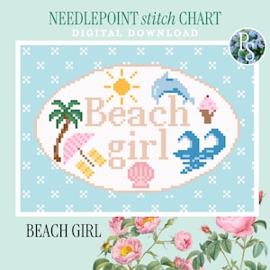 May include: A digital needlepoint stitch chart with a beach theme. The design features a sun, dolphin, palm tree, ice cream cone, and the words "Beach Girl" in a pixelated style. The background is light blue with white cross patterns.