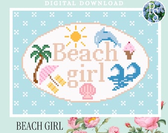 May include: A digital needlepoint stitch chart with a beach theme. The design features a sun, dolphin, palm tree, ice cream cone, and the words "Beach Girl" in a pixelated style. The background is light blue with white cross patterns.