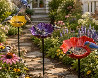 Mangiatoia e paletto per abbeveratoio per uccelli a forma di papavero / Decorazione da giardino in metallo smaltato
