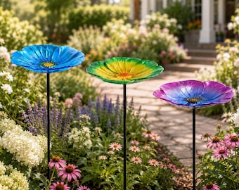 Metal Flower Bird Bath Stake, Colorful Garden Yard Decor, Bird Feeder Ornament