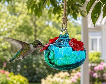 Hand Blown Style Glass Hummingbird Feeder, Colorful Garden Decor, Red Flower Ports
