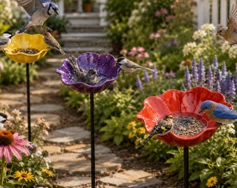 Poppy Flower Bird Feeder and Bath Stake | Enamel Coated Metal Garden Decor