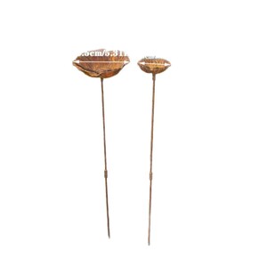 May include: Two brown metal garden stakes with bowl-shaped tops. The larger stake features a top with a 5.31 inch diameter, while the smaller stake has a narrower top. Both stakes have thin, straight stems and a weathered, textured finish.