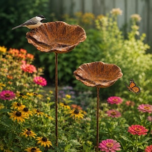 May include: Two copper-colored metal bird baths shaped like open flower petals, each mounted on a thin, tall metal stake. A small black and white bird perches on the rim of the taller bird bath, while a monarch butterfly flies nearby.