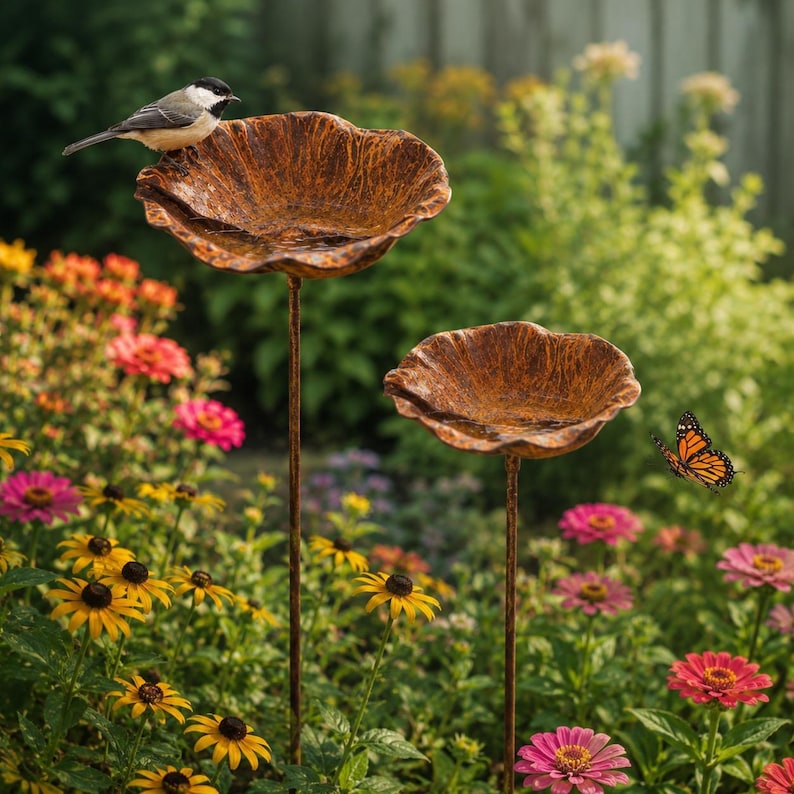May include: Two copper-colored metal bird baths shaped like open flower petals, each mounted on a thin, tall metal stake. A small black and white bird perches on the rim of the taller bird bath, while a monarch butterfly flies nearby.