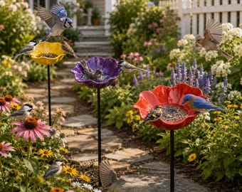 Mohnblume Futter und Badeeinsatz | Emaille Beschichtetes Metall Garten Dekor