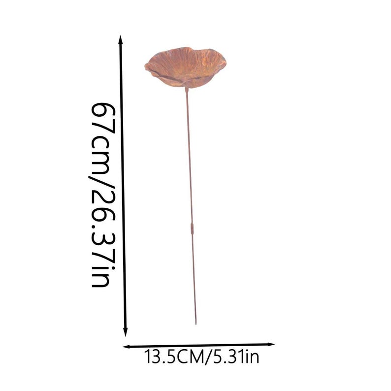 May include: A copper-colored metal flower garden stake with a textured, bowl-shaped bloom on a thin stem. The item measures 26.37 inches in total height and 5.31 inches in width, as indicated by the measurement text printed on the image.