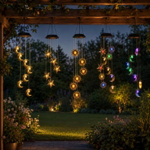 Pode incluir: Sinos de vento movidos a energia solar com desenhos celestiais, incluindo luas, estrelas e sóis. Os sinos penduram-se numa pérgula de madeira, iluminando a noite com luzes LED quentes e coloridas. A decoração exterior adiciona um toque caprichoso a um jardim ou pátio.