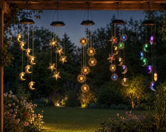 Solar Moon Star Sun Wind Chime Light, Vintage Metal Hanging Lantern, Outdoor Garden Decor