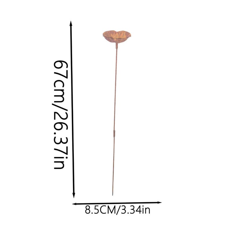 May include: A copper-colored metal garden stake featuring a flower-shaped top. The stake measures 26.37 inches in total height, with a flower diameter of 3.34 inches. The thin, straight stem supports the textured, petal-like floral head.