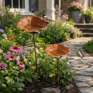 May include: Two copper-colored metal bird baths on thin stakes, each featuring a textured, flower-shaped basin filled with water. A black and white chickadee perches on the rim of the taller basin, while orange and yellow butterflies fly nearby.