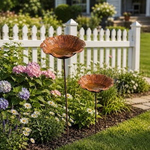May include: Two rust-colored metal bird baths shaped like open flower blossoms, each mounted on a thin, straight metal stake. The basins have a textured, weathered finish and are positioned at different heights within a garden setting.