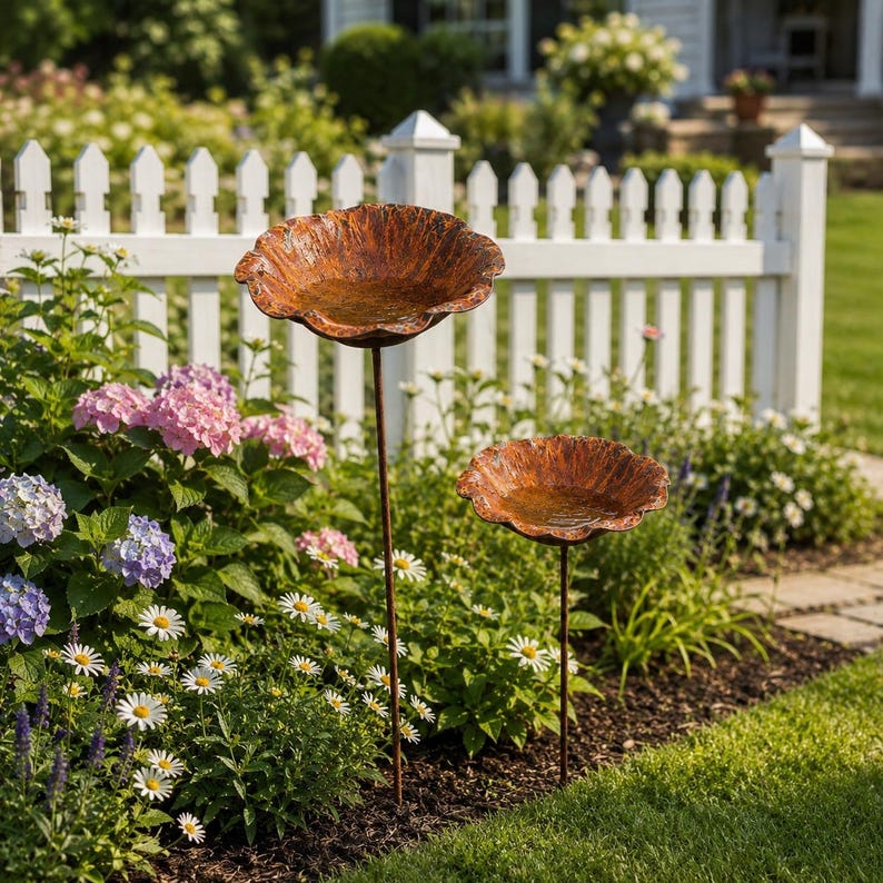 May include: Two rust-colored metal bird baths shaped like open flower blossoms, each mounted on a thin, straight metal stake. The basins have a textured, weathered finish and are positioned at different heights within a garden setting.