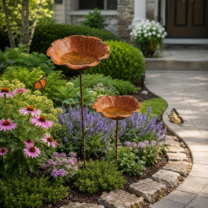 May include: Two copper-colored metal bird baths shaped like open flower blossoms, each mounted on a thin metal stake. The basins have a textured, weathered finish and are positioned at different heights within a garden bed of green plants.