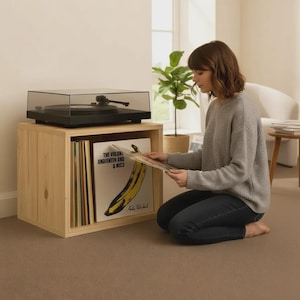 Puede incluir: Un tocadiscos negro con una cubierta transparente se encuentra sobre una estantería cúbica de madera clara. La estantería contiene discos de vinilo, incluido uno con un diseño de plátano amarillo. Una persona sostiene un disco.
