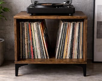 Solid wood furniture for vinyl records, industrial vintage style