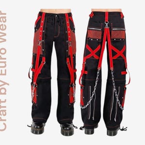 Unisex Handcraft Gothic Red Threads Fashion Pant | Short Black Punk Buckle Zips Chain Strap Cargo Trouser | Understated Electro Tripp Pants