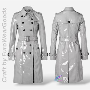 May include: A glossy light grey double-breasted trench coat featuring a belted waist, epaulettes, and dark buttons. The coat is shown from both front and back views, with the text Craft by EuroWearGoods visible along the left side of the image.