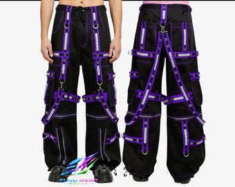 Pantaloni cargo gotici neri personalizzati FATTI A MANO / Pantaloni punk techwear con cinturino bianco e viola riflettente / Pantaloni streetwear rave con zip ispirati a Tripp