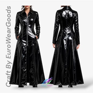 May include: A long, black, glossy, patent-look coat featuring a full-length front zipper, a pointed collar, long sleeves, and a flared skirt. The garment is shown from both the front and back views. The text "Craft By EuroWearGoods" is visible.