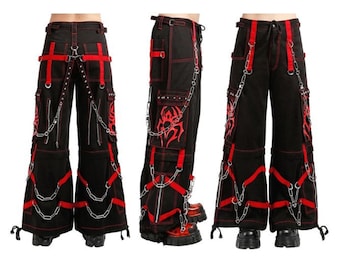 HANDCRAFT Unisex Fashion Gothic Red Spider-broek | Rockpunk-stijl Cyber Chains-banden | Op maat gemaakte zwarte katoenen cargobroek Baggy Tripp-broek