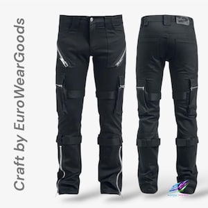 May include: Black cargo trousers featuring multiple pockets, silver-toned zips, and horizontal straps on the legs. The front and back views are displayed. The text "Craft by EuroWearGoods" is visible on the left, and a logo is at the bottom right.