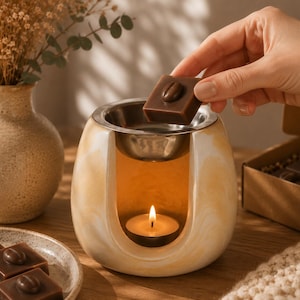 Peut inclure: Un chauffe-cire en céramique avec une finition marbrée crème et beige, doté d'un bol en métal sur le dessus et d'une bougie chauffe-plat allumée à l'intérieur. Une cire fondante carrée marron foncé avec un motif de grain de café est placée.