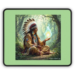 Alfombrilla de ratón para juegos con diseño de chamán nativo americano / Espíritu místico del bosque, meditación