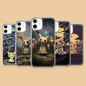 Può includere: Una collezione di cinque custodie per telefoni con un personaggio a fumetti simile a un fantasma in vari contesti artistici. Le custodie presentano sfondi diversi, tra cui una notte stellata, una foresta con funghi e un paesaggio illuminato dalla luna. Il personaggio è bianco con occhi neri e bocca frastagliata.