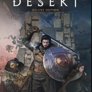 以下が含まれることがあります： ビデオゲーム「クリムゾン・デザート デラックスエディション」のパッケージアートには、剣と盾を持つ中央の戦士が描かれ、左側には毛皮をまとった大きな生き物、右側には女性が配置されており、背景には浮遊する石の建造物が描かれています。