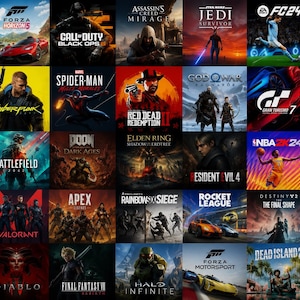 以下が含まれることがあります： The Last of Us Part I、Forza Horizon 5、Call of Duty Black Ops、Assassin's Creed Mirage、Star Wars Jedi Survivor、EA FC 24、Zelda、Horizon Forbidden West、Cyberpunk、Spider-Man、Red Dead Redemption 2、God of War、Gran Turismo 7、Uncharted 4、Ghost of Tsushima、Battlefield 2042、Doom Dark Ages、Elden Ring、Resident Evil 4、NBA 2K24、Tekken 8、Minecraft、Valorant、Apex Legends、Rainbow Six Siege、Rocket League、Destiny 2、Warzone、The Witcher、Diablo、Final Fantasy VII、Halo Infinite、Forza Motorsport、Dead Island 2、Mortal Kombatを含む35個のビデオゲームカバーのグリッド。