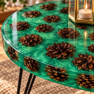 Handmade Emerald Green Epoxy Resin Coffee Table with Pine Cones, Unique Round Side Table, Handmade Home and Office Gifts