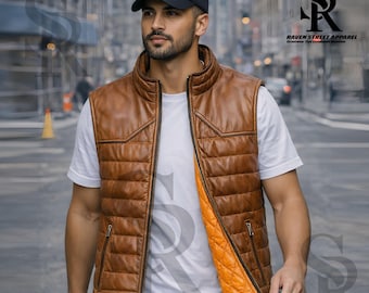 Men's Brown Leather Quilted Puffer Vest, Lightweight Sleeveless Jacket, winter vest, Gift for him