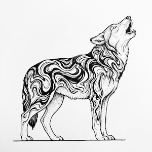 May include: A black and white illustration of a howling wolf. The wolf's body is detailed with swirling patterns, and it stands on four legs with its head raised and mouth open. The background is plain white.