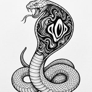Pode incluir: Ilustração detalhada em preto e branco de uma cobra. A cobra é retratada com o capuz levantado, revelando padrões intrincados. O design inclui a palavra "GOD" dentro do capuz, e o corpo da cobra está enrolado.