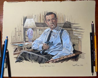 Op de afbeelding: Een handgetekende illustratie van een man in een blauw overhemd die een pistool vasthoudt. Hij zit op een stoel met een lamp en een vaas op een tafel achter hem. De tekst "You've Had Your Fun, Sir" staat onder de afbeelding.