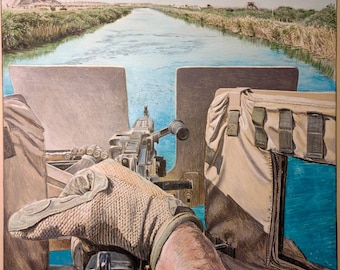 May include: A detailed colored pencil drawing depicts a military scene. A machine gun is in the foreground, with a gloved hand operating it. A body of water and landscape are in the background. The artwork is framed and mounted.