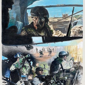 May include: A coloured pencil drawing depicting military scenes with soldiers in combat gear, helmets, and tactical vests. The top panel shows a soldier looking out from a vehicle, while the bottom panels show soldiers in action with rifles in a desert landscape.