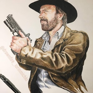 May include: A hand-drawn illustration of a man wearing a brown leather jacket and a black cowboy hat. He is holding a black handgun in his right hand. The drawing is done in pencil and colored with colored pencils. The artist's signature is in the bottom right corner of the drawing.