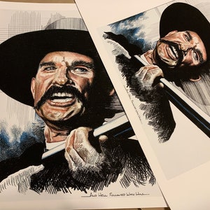 May include: Two pencil art prints of a man with a large mustache wearing a black hat and holding a shotgun. The prints are in color and feature the man's face and upper body. The text "And Hell Followed With Him..." is written on the bottom of the prints.