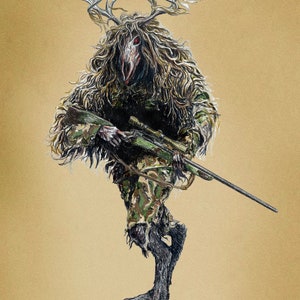 May include: A monstrous creature with a deer skull and antlers, wearing camouflage clothing and holding a rifle. The creature has a long, shaggy coat of hair and red eyes.