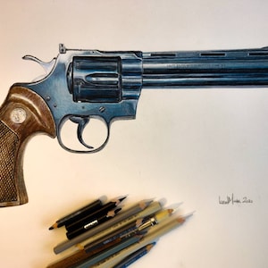 May include: A detailed pencil drawing of a blue revolver with a brown wooden handle. The drawing is on white paper and includes a collection of colored pencils.