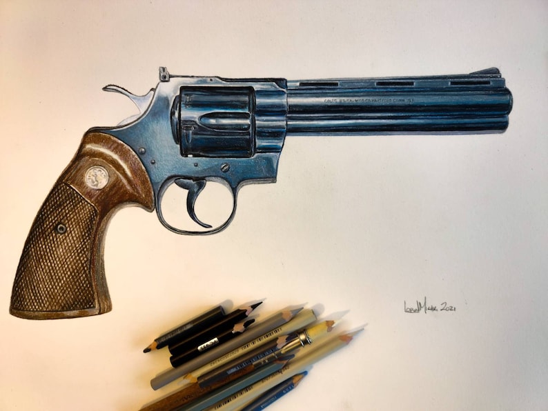May include: A detailed pencil drawing of a blue revolver with a brown wooden handle. The drawing is on white paper and includes a collection of colored pencils.
