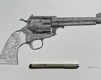 May include: A detailed black and white pen and ink drawing of a revolver with intricate engravings. The handle of the gun features an eagle design. The drawing is signed "Isaac Mclean 2021" in the bottom right corner.