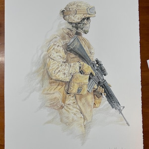 May include: A pencil drawing of a soldier in camouflage fatigues holding a rifle. The soldier is wearing a helmet and a skull mask. The drawing is signed "Leon Muir 2019".