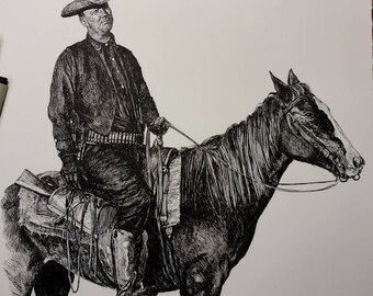 May include: A black and white pen and ink drawing of a cowboy riding a horse. The cowboy is wearing a hat and a jacket. The horse has a saddle and bridle.