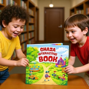 May include: Two young children are smiling while holding a colorful "CHAZA INTERACTIVE BOOK". The book cover features a park scene with a castle, playground, and cartoon characters. The background shows a library with bookshelves.