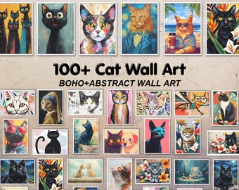 プレミアム猫ウォールアートバンドル、100種類以上の印刷可能な猫ポスター、ゴシック猫アート、レトロボヘミアン猫ウォールデコレーション、抽象的な猫プリント、即時ダウンロード