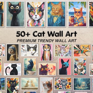 May include: A collection of framed cat art prints. The prints feature various cat portraits in different styles, including cartoon, impressionistic, and realistic. The text "50+ Cat Wall Art" is displayed prominently.